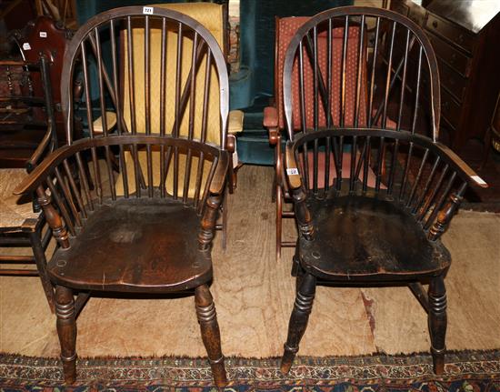 Pair elm and beech hoop stickback elbow chairs
